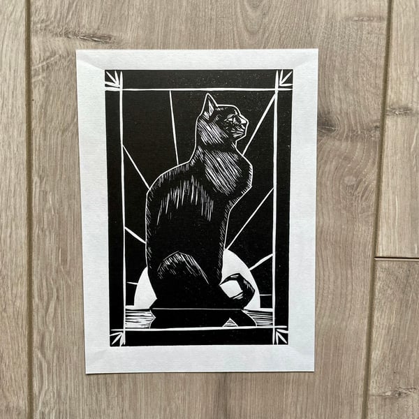 Cat with art deco sun lino print
