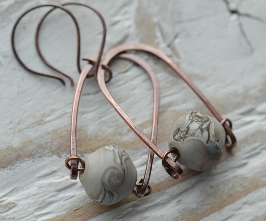 Handmade Copper and Grey Lampwork Glass Bead Earrings
