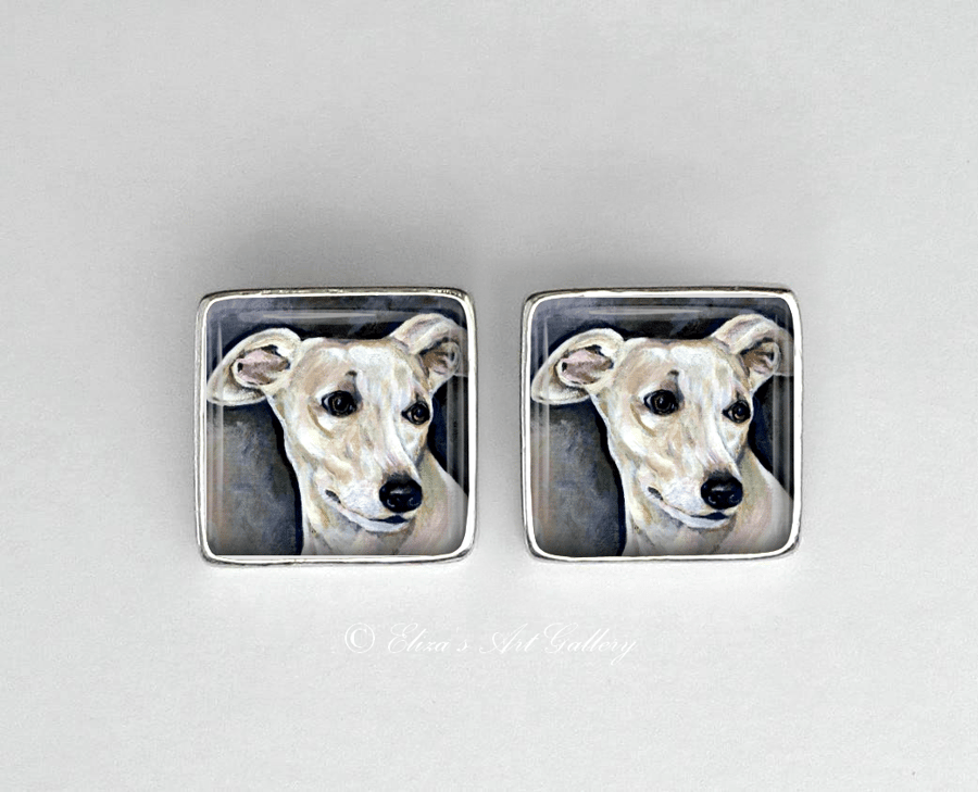 Rhodium Plated Silver Whippet Dog Art Earrings