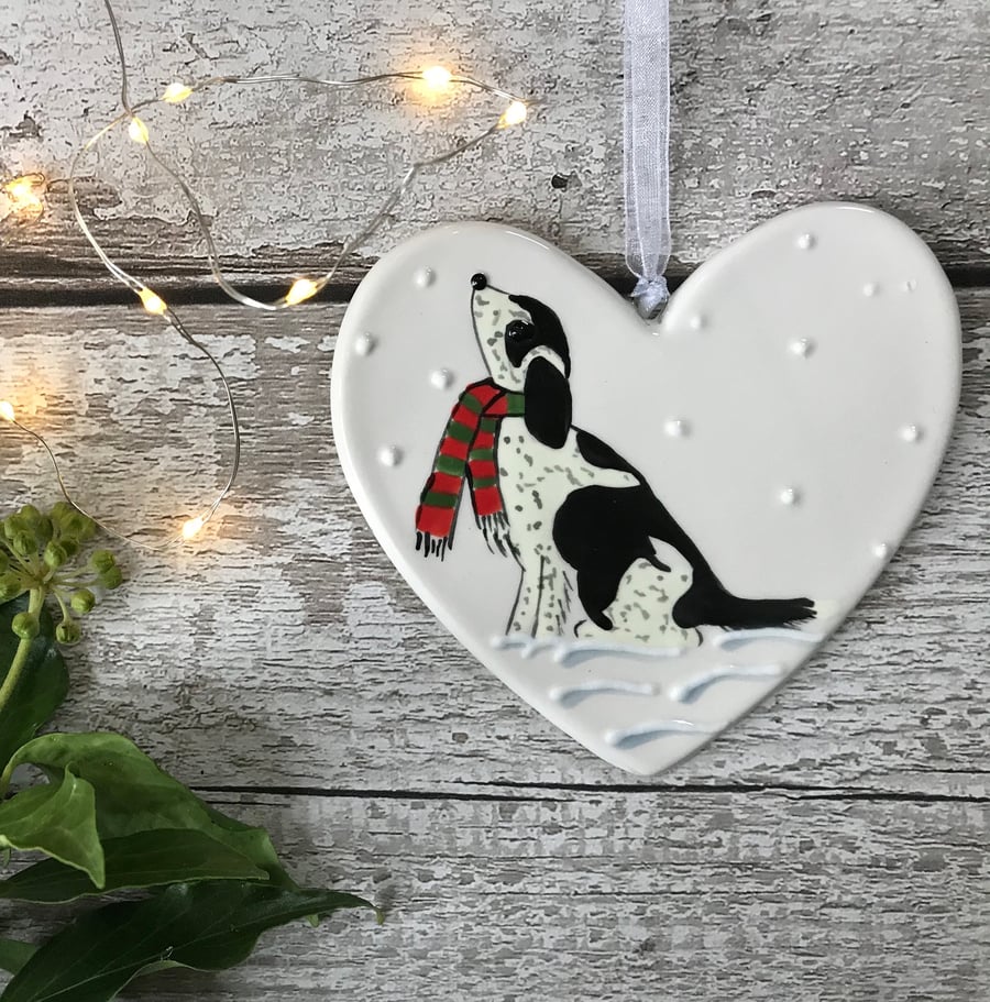 Black and White Spaniel or Cockapoo with scarf Hand Painted Ceramic Heart