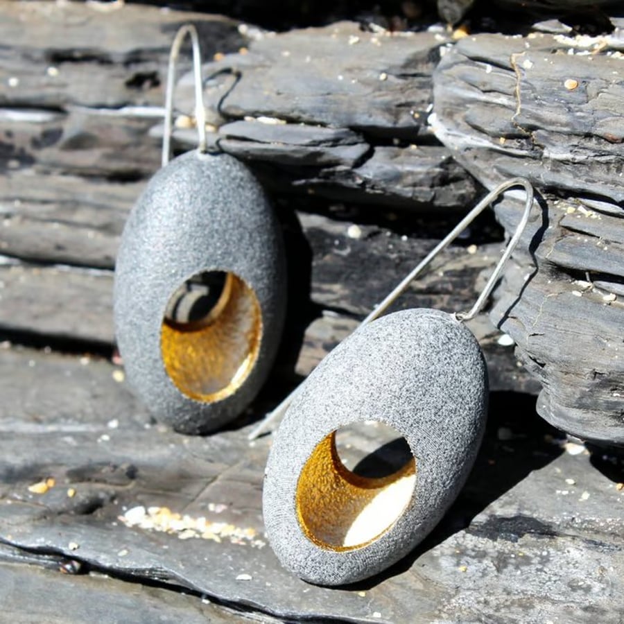 Pebble earrings, nature inspired earrings with a golden hollow interior. Hollow