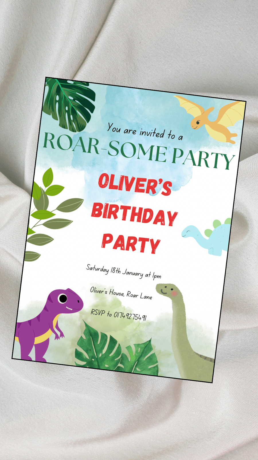 10 Kids Personalised Dinosaur Birthday Invites 