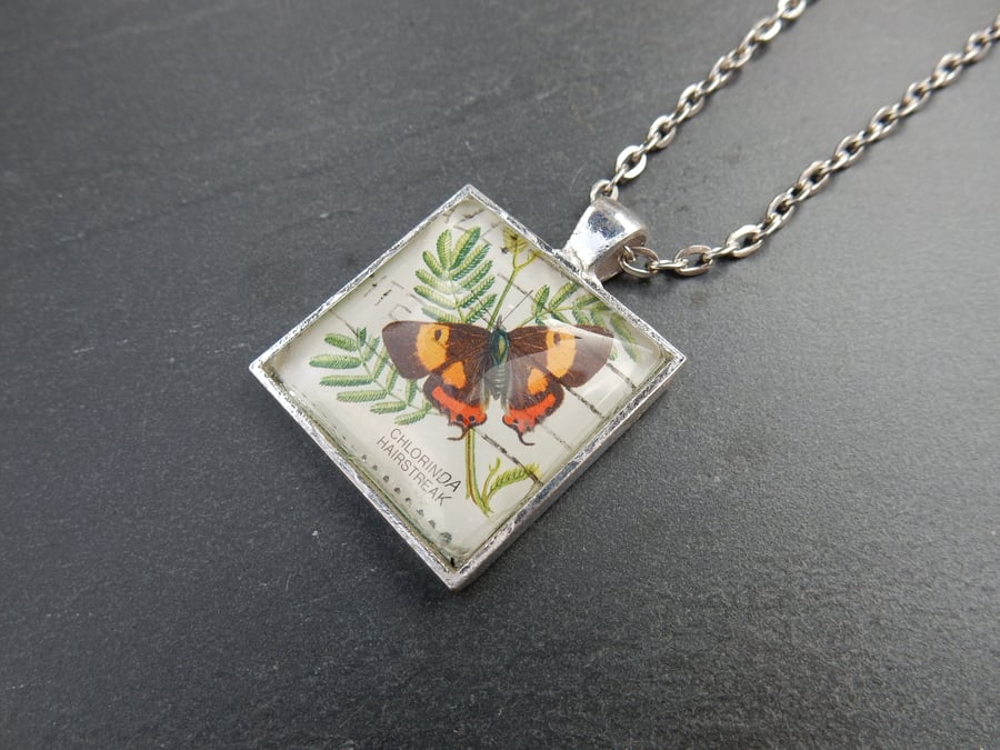 Upcycled square Hairstreak Butterfly Australian postage stamp pendant 