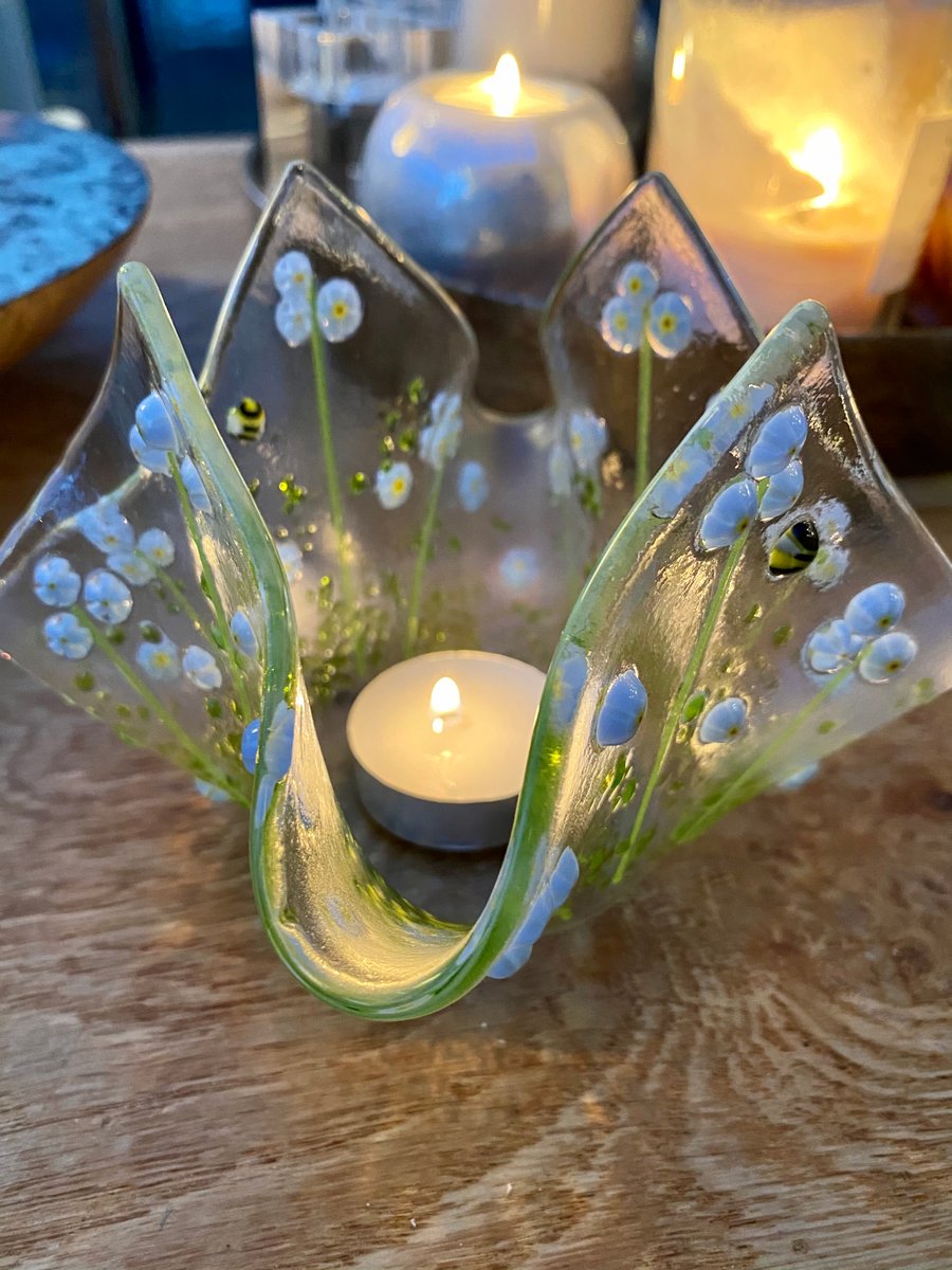 Fused glass handkerchief candle holder with forget-me-nots