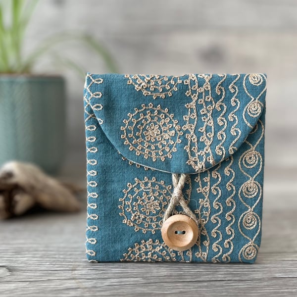Embroidered Button Purse Pouch 
