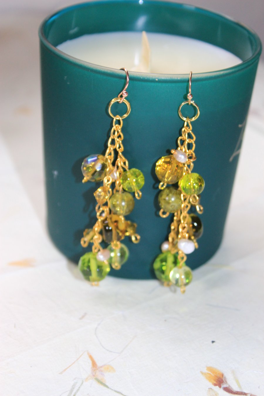 Beautiful green and gold chandelier earrings.