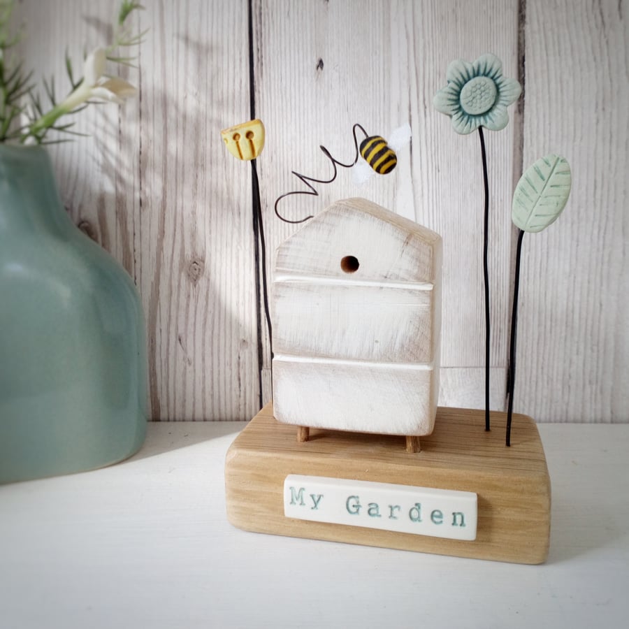 Wooden Beehive With Little Clay Bee and Flower Garden 'My Garden'