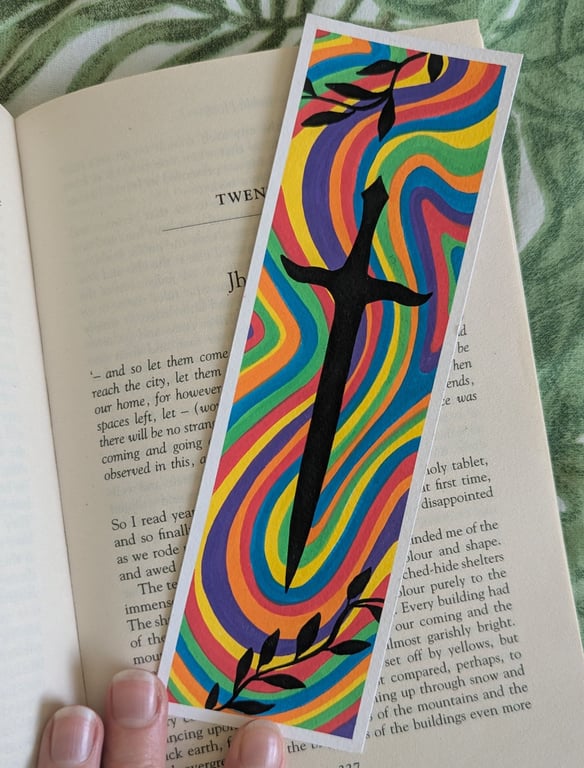 Handmade Multicoloured Swirl Sword and Leaves Bookmark