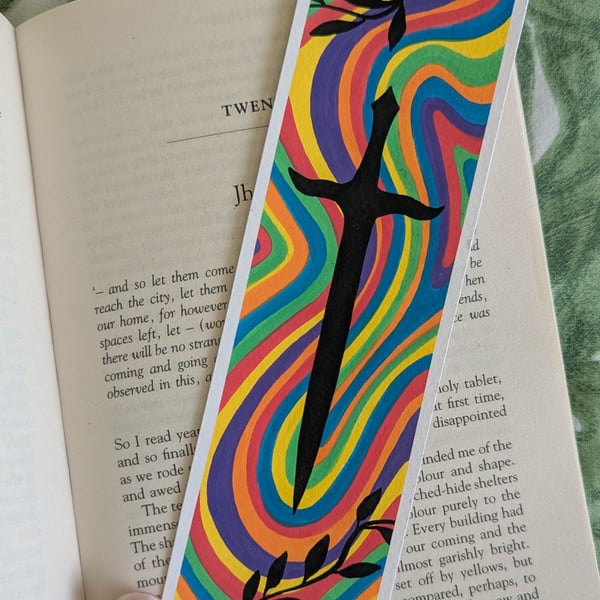 Handmade Multicoloured Swirl Sword and Leaves Bookmark