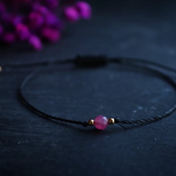 Pink tourmaline adjustable bracelet with 14k gold plated beads