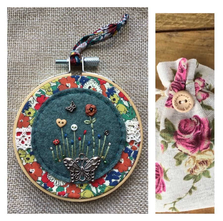 Butterfly charm felt Liberty fabric embroidery hoop 