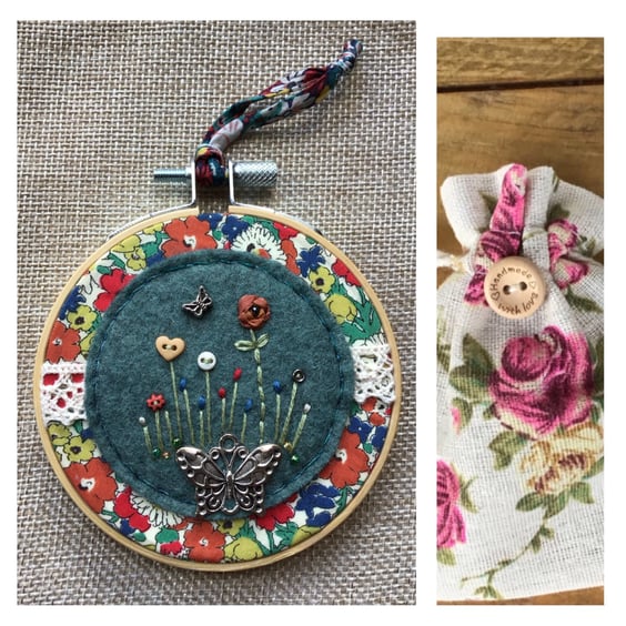 Butterfly charm felt Liberty fabric embroidery hoop 