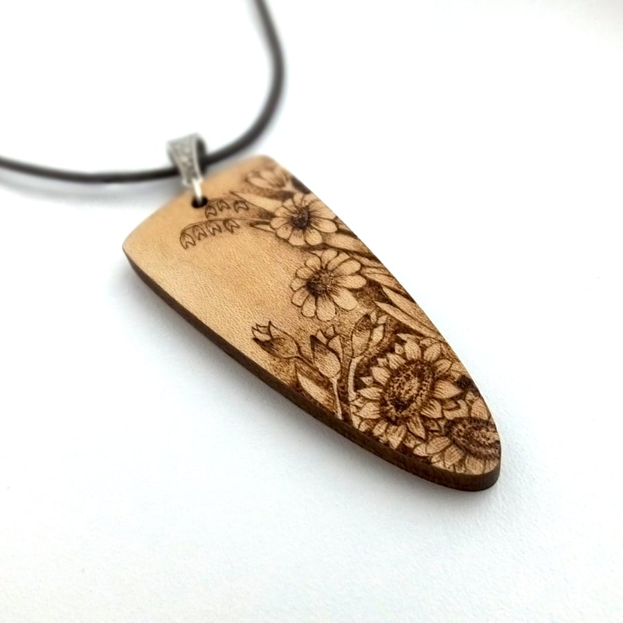 Summer Floral Shield Wooden Pyrography Pendant