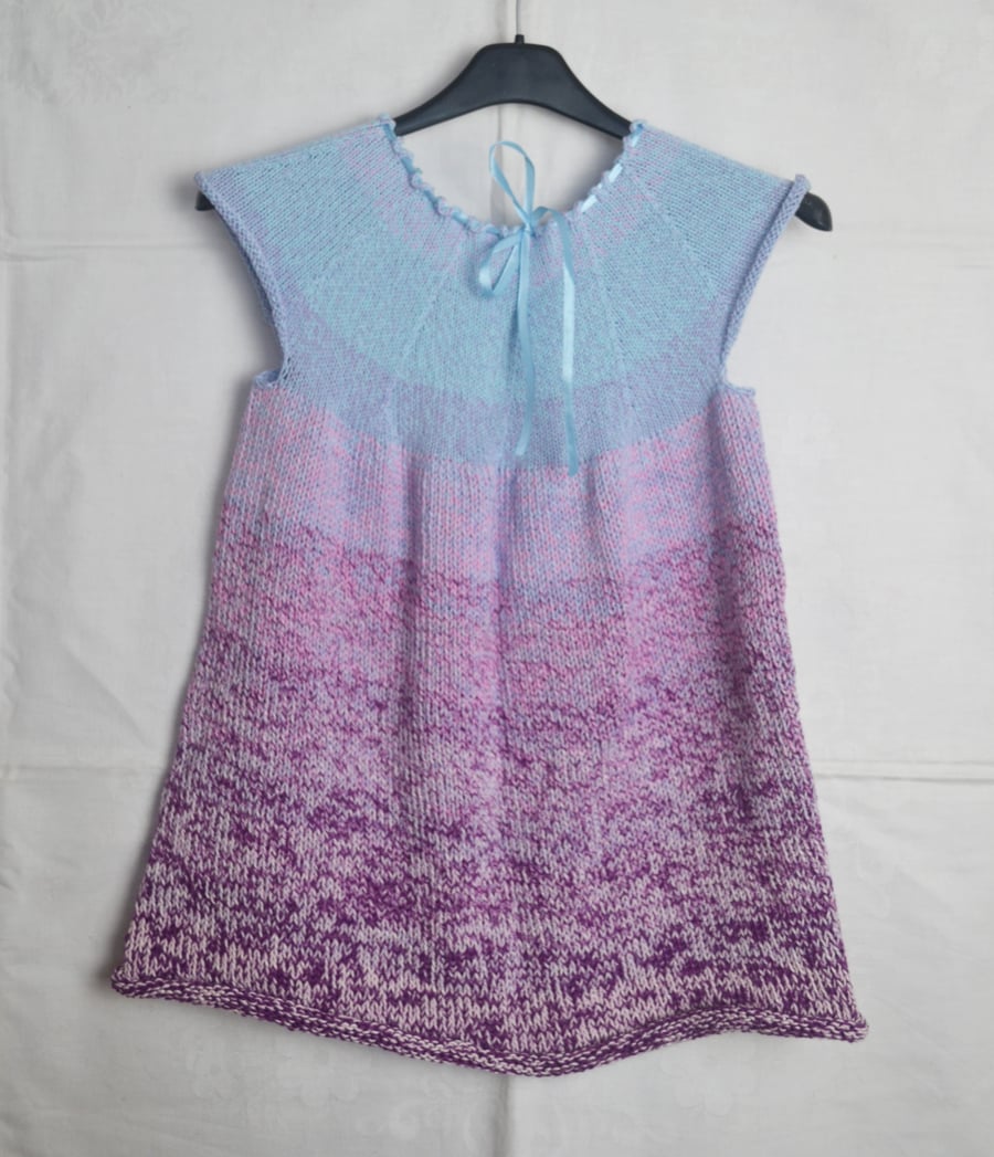 Hand Knitted Girl Dress Purple Pink Blue Cotton Acrylic 6 years Hobbii Yarn
