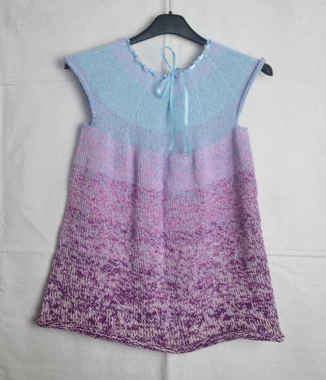 Hand Knitted Girl Dress Purple Pink Blue Cotton Acrylic 6 years Hobbii Yarn