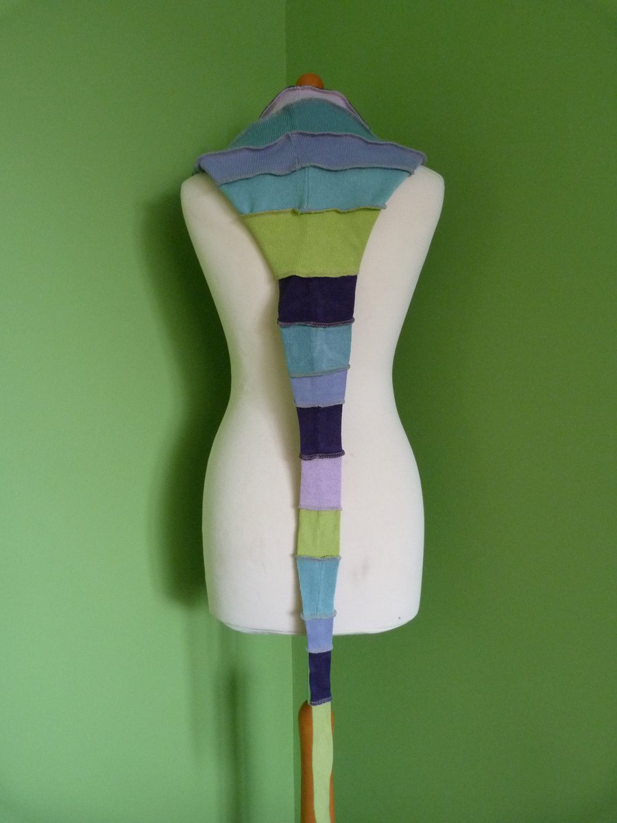 Long Hood with Neck Ties. Upcycled. Blue, Lilac and Green. Faerie Festival Wear.
