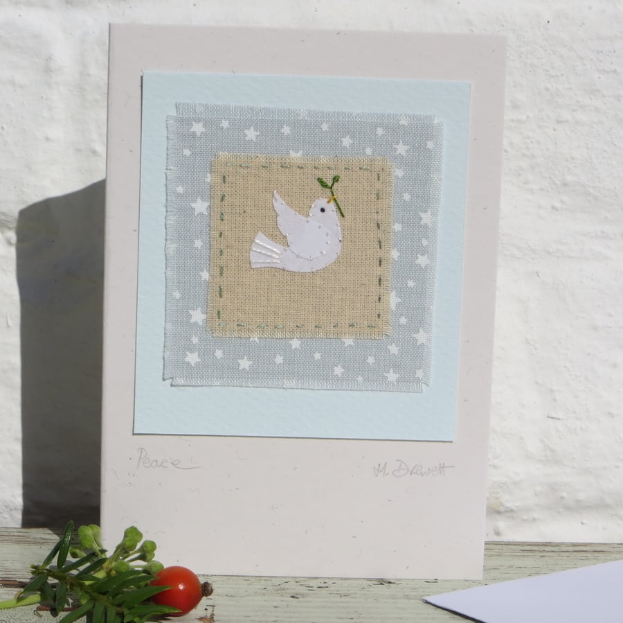 Peace hand-stitched card with starry background fabric delicate detailed work