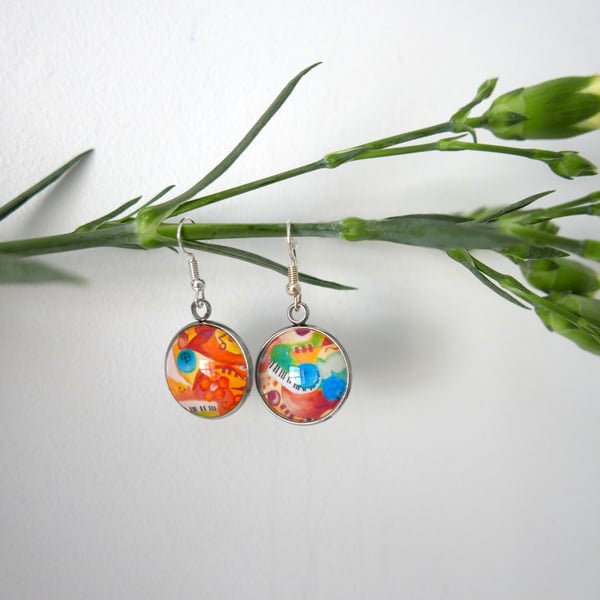 Abstract Design Dangle Baring, Colourful Art Jewellery, Gift for Her