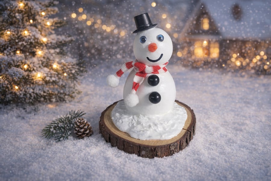 Image of Handmade Clay Snowman on Rustic Log Slice  4" Christmas Decoration Cute Festive 