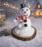 Handmade Clay Snowman on Rustic Log Slice  4" Christmas Decoration Cute Festive 