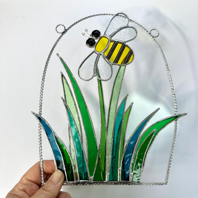 Stained Glass Bee over Grass Suncatcher - Handmade Window Decoration 