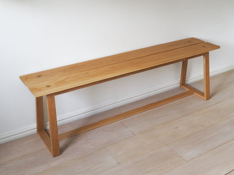 Split Top Bench - Solid oak bench, mid century design suitable for outdoor garde