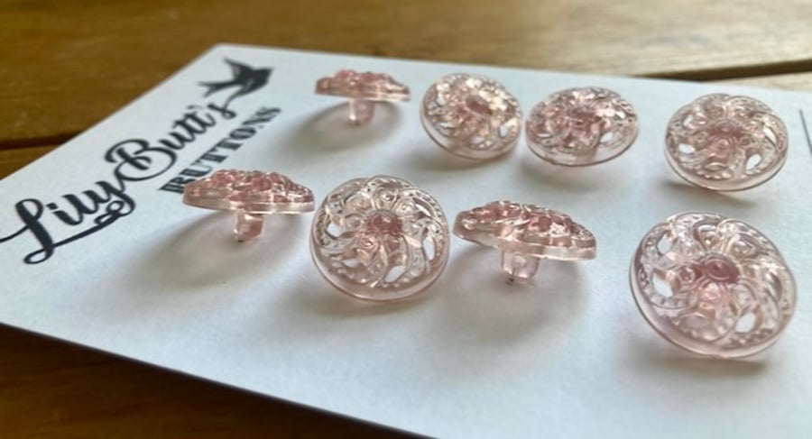 8 Vintage Clear Pink Flower Buttons - 2cm