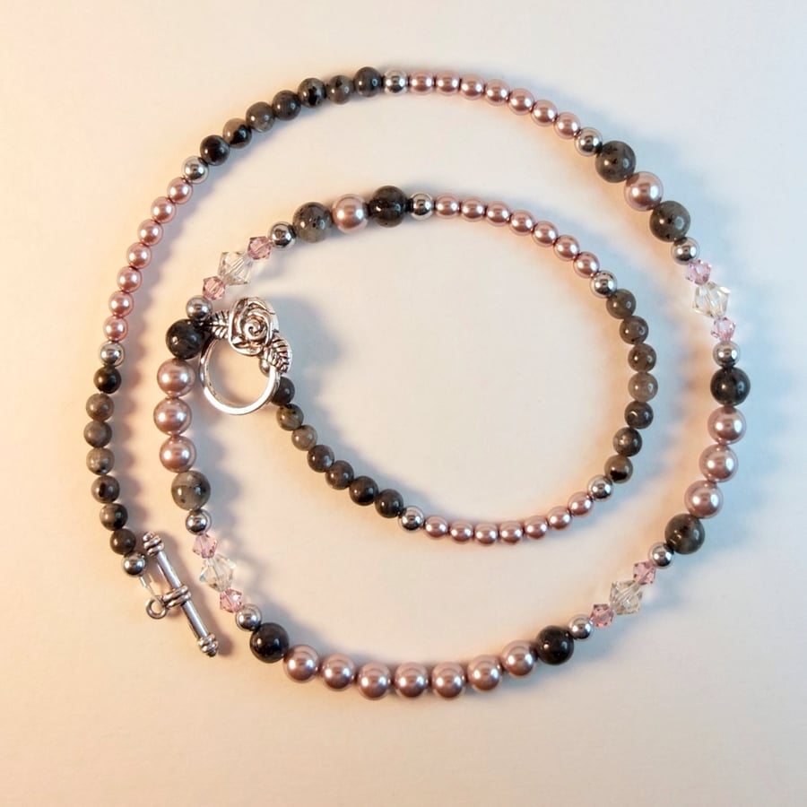 Pearl, Larvikite, Swarovski Crystal And Hematite Necklace - Handmade In Devon