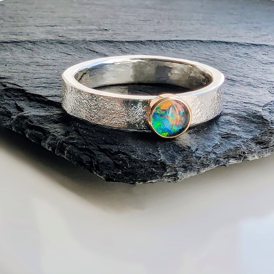 STERLING SILVER & Gold Opal Ring, Handmade Urban Designed Jewellery