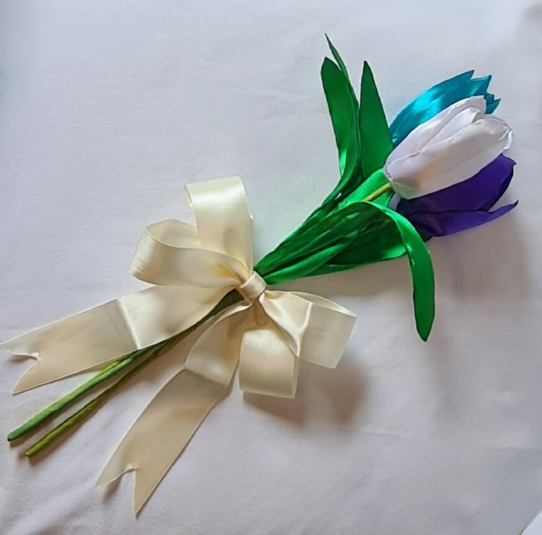 Beautiful Trio of Ribbon Tulips  - White, Dark Purple & Turquoise.