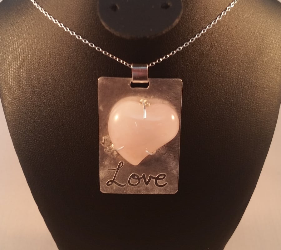 Sterling Silver 'Love' Necklace with Rose Quartz Heart  Cabochon