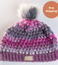 Hat crochet with handmade faux fur detachable pompom grey - Image 3