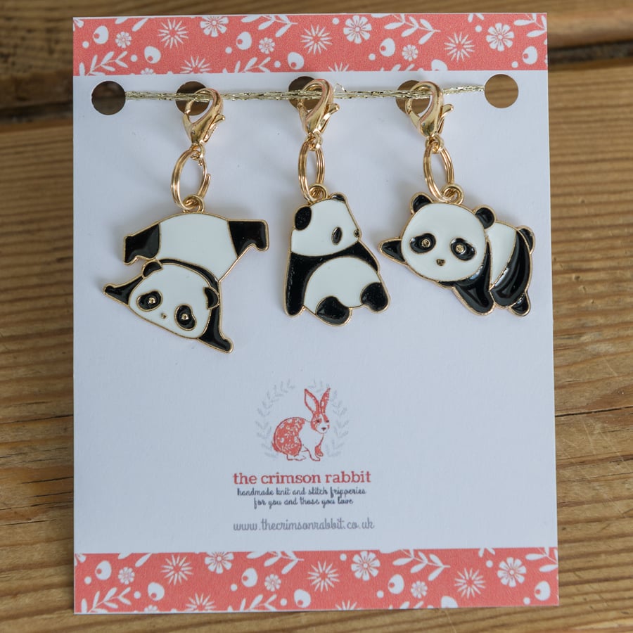 Set of 3 stitch markers or progress keepers with cute playful pandas!