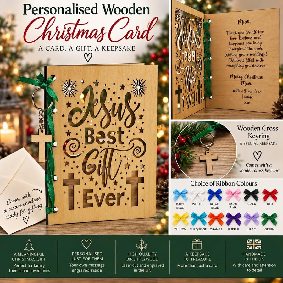 Christian Wooden Christmas Card, Jesus Best Gift Ever, Cross Keyring, Personalis