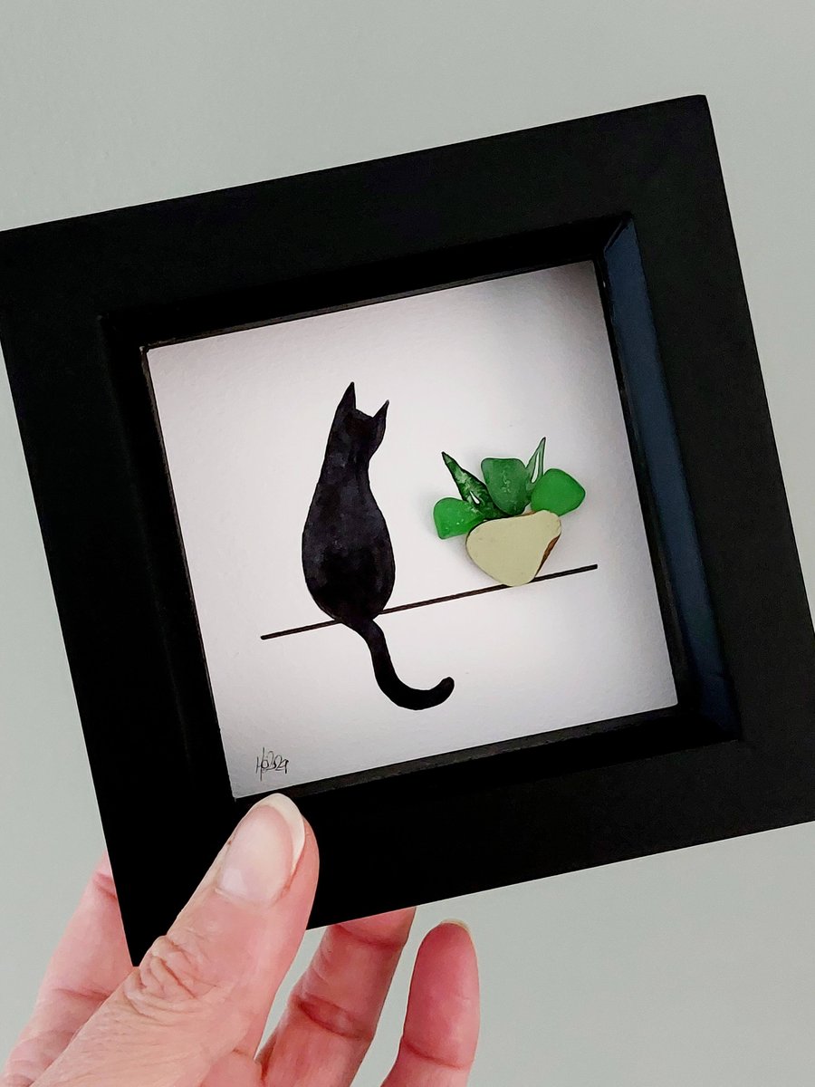 Sea Glass Cat Art - Framed Beach Glass Picture - Gift for Cat Lovers