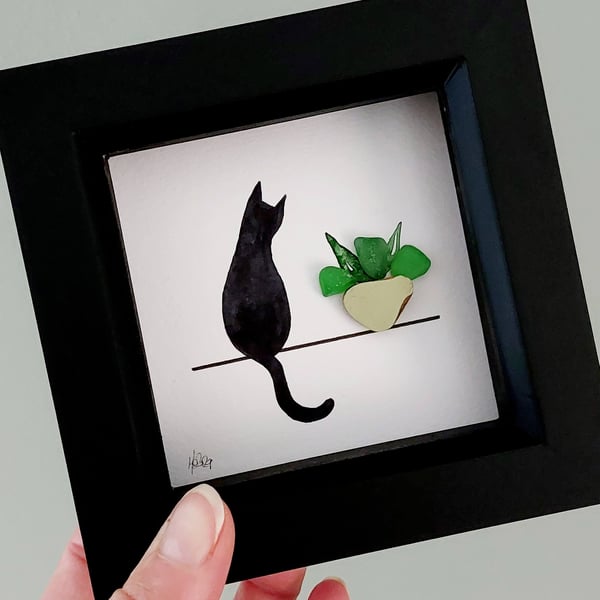 Sea Glass Cat Art - Framed Beach Glass Picture - Gift for Cat Lovers