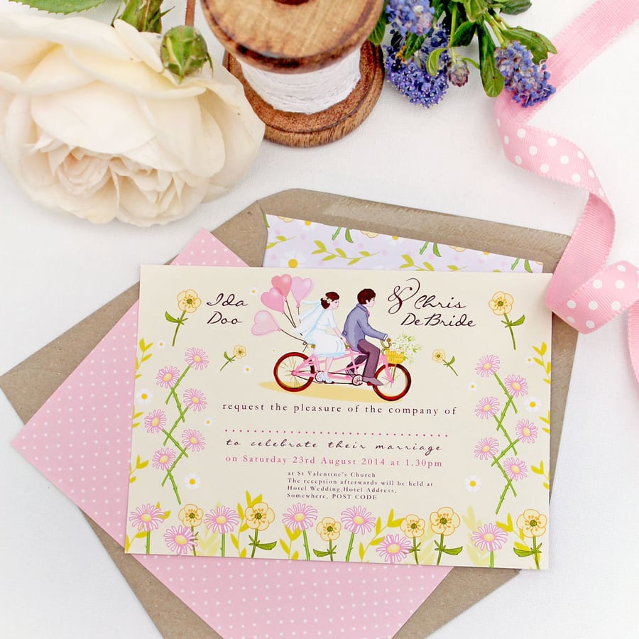 DIY Printable Wedding Stationery - Bicycle for Two Customised Couple - Daisies