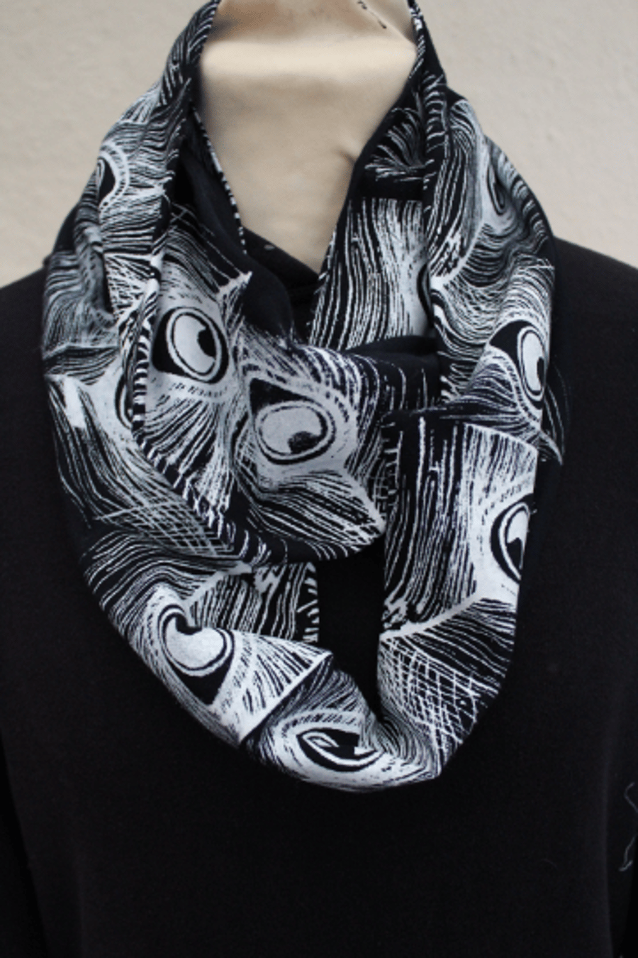 Unique peacock print infinity scarf,tasseled scarf,soft cotton blue scarf,gift.