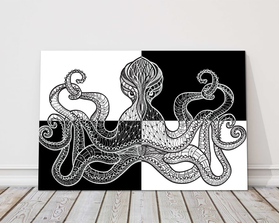 Octopus, pattern style. Canvas picture print. 14"x10" (18mm depth)