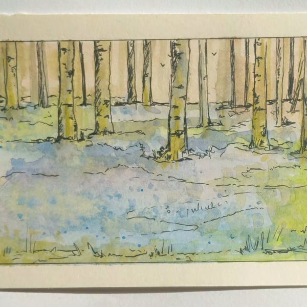 ,BLUEBELL WOOD, original watercolour and fine liner painting 
