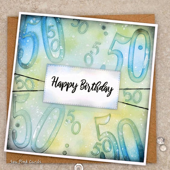 50th Birthday Card - textured, 3d, blank, blue, grey, sage green