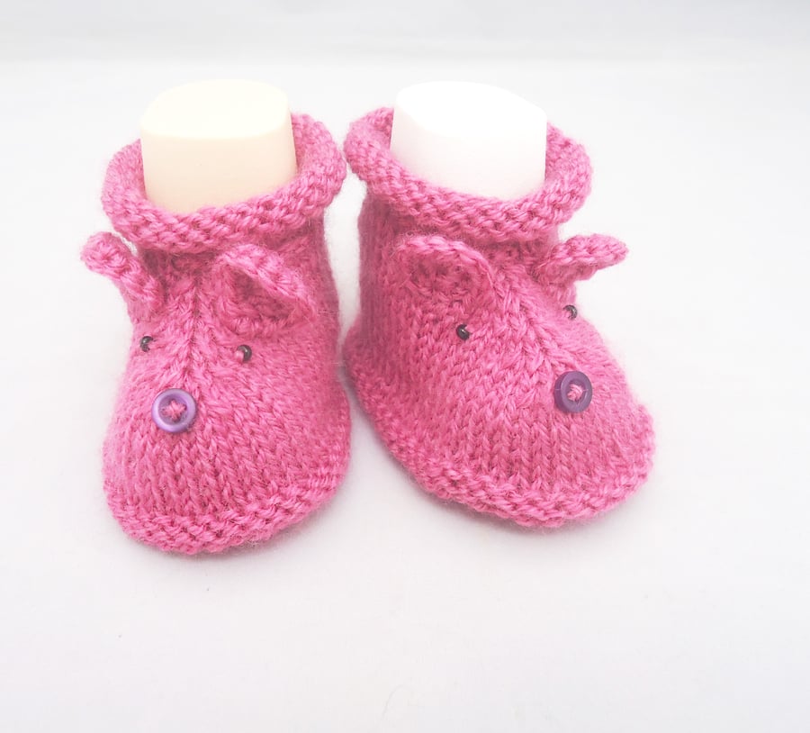 Hand Knit Mouse Booties, Cute Mouse Booties, Mouse Booties in Pink