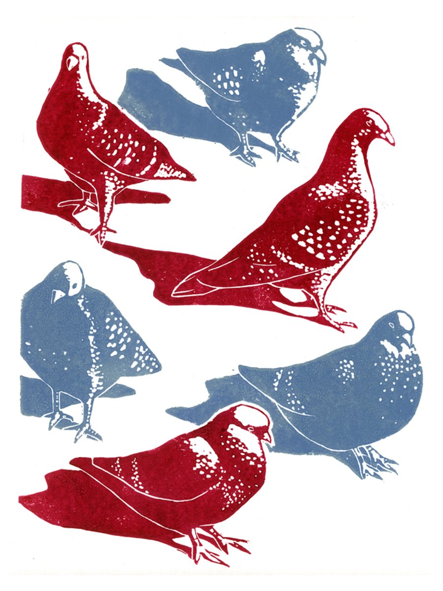 Pigeons 2-colour linocut print