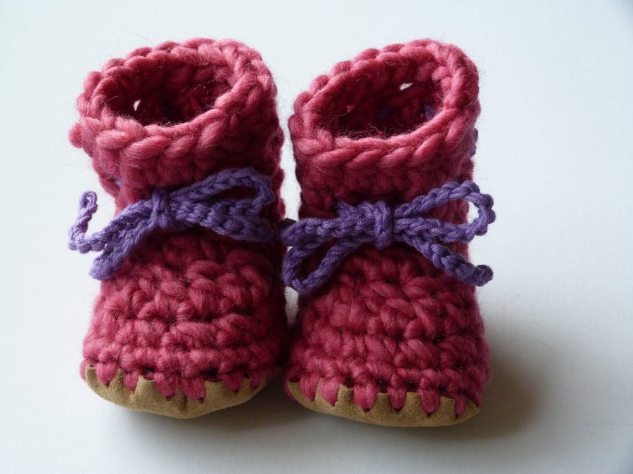 Wool & leather baby boots Hot Pink 3-6 months