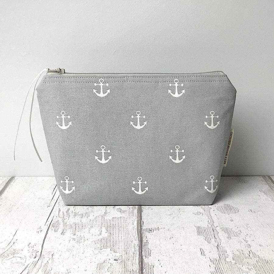 Cosmetic Bag - Toiletry Bag - Grey Anchor - Nautical 