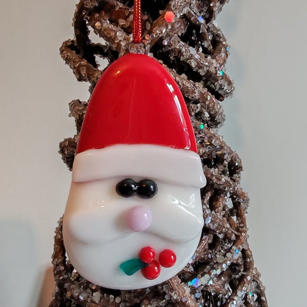 Fused Glass Father Christmas with Holly and Berried