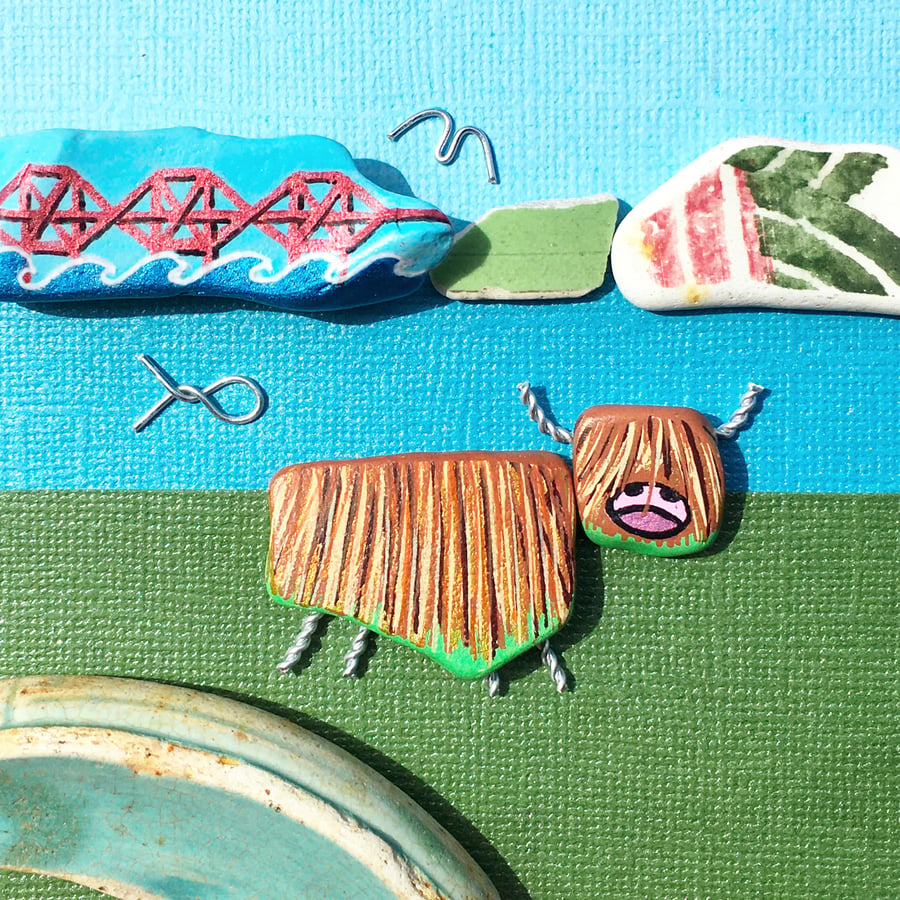 Highland Cow & Forth Rail Bridge. Pebble Art Picture with Antique Beach Pottery 
