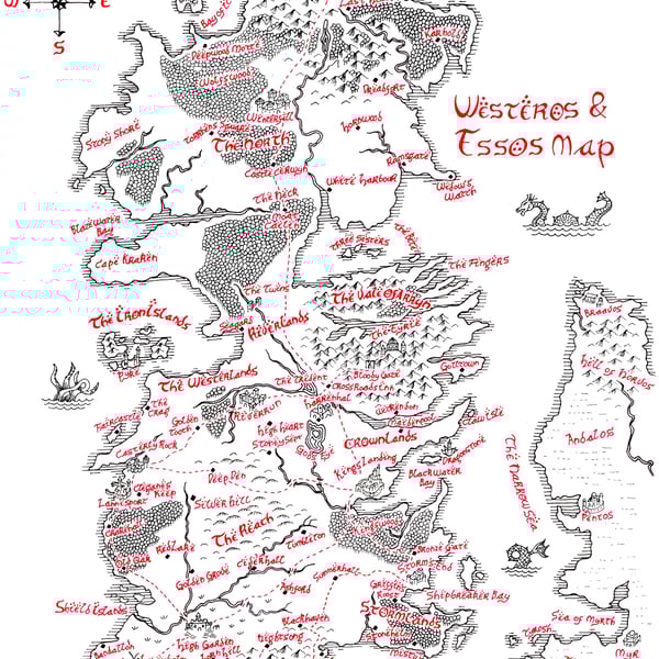 Map of Westeros & Essos Hand Drawn Tolkien Style Map Artwork