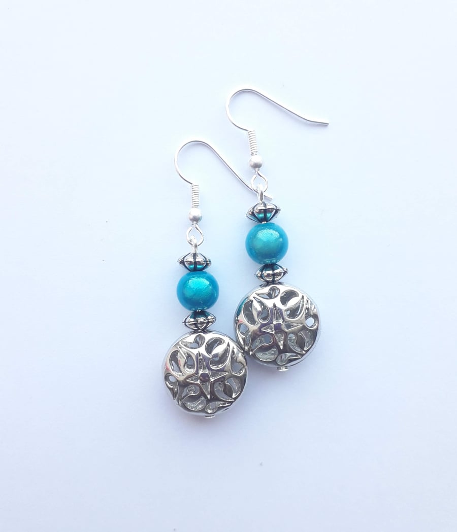 Light Blue and Silver Bead Earrings