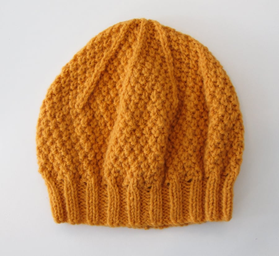 Beanie Hat in Mustard Aran Wool 